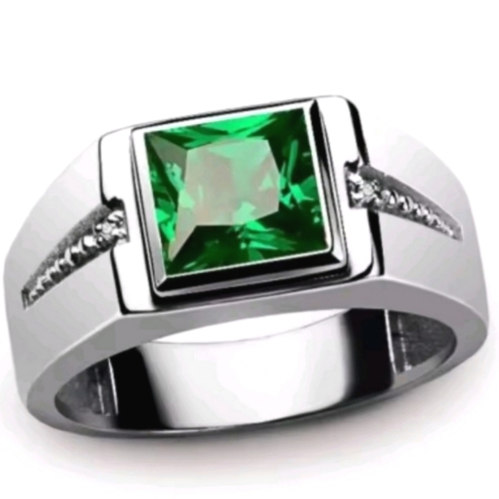 Elegant Silver Mens Ring with Green Gemstone Sz 12